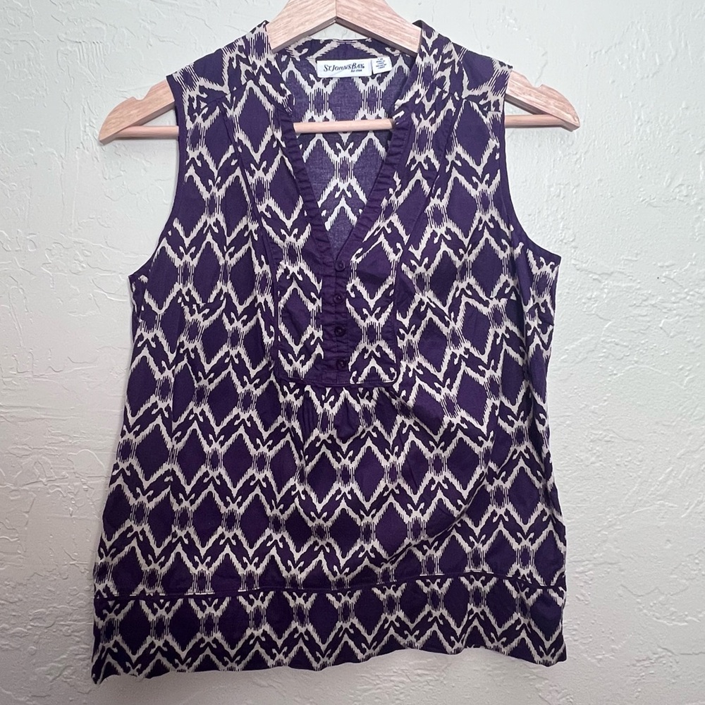 ST. JOHN'S BAY 100% COTTON PURPLE AND LIGHT TAN SLEEVELESS BLOUSE SIZE PM